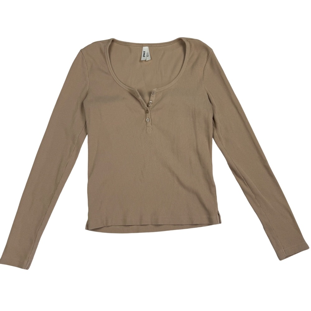 Pact Womens Organic‎ Cotton Ribbed Henley Long Sleeve Top Tan Camel Small Lux
